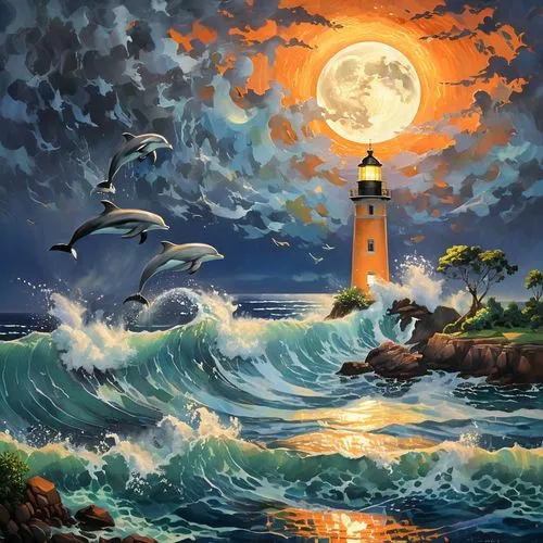 lighthouses,lighthouse,electric lighthouse,light house,sea landscape,sea night,fantasy picture,world digital painting,ocean background,seascape,petit minou lighthouse,ocean paradise,fantasy art,phare,coastal landscape,wyland,sea fantasy,tropical sea,fantasy landscape,moonlit night,Conceptual Art,Daily,Daily 31