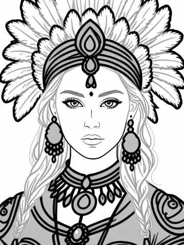 the woman with a large headdress and feathers,gandhari,indian headdress,panchali,inanna,matangi,paiwan,Design Sketch,Design Sketch,Rough Outline