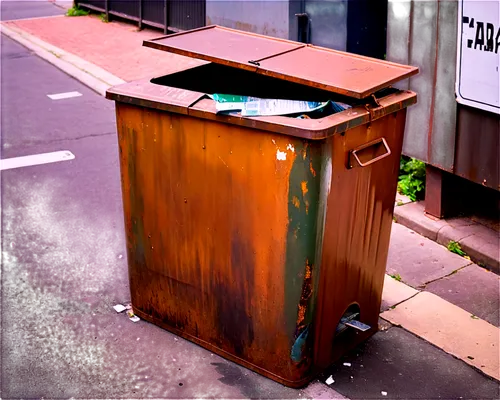 Metal trash bin, rectangular shape, rusty surface, worn-out label, lid slightly open, overflowing garbage, urban setting, morning light, soft focus, 3/4 composition, shallow depth of field, realistic 