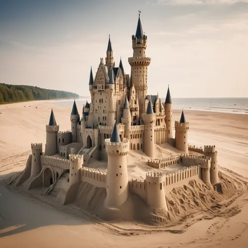 a realistic photo of a sand castle on a beach in Poland, insane detail, looks like Neuschwanstein, made by Wes Andersen, leica m6 shot on polaroid film ,sand castle,sandcastle,sand sculptures,fairy ta