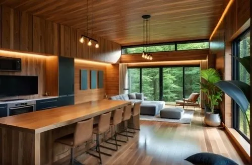 wood casework,modern kitchen interior,modern kitchen,interior modern design,mid century house,kitchen design,paneling,bohlin,cabinetry,cabin,contemporary decor,prefab,kitchen interior,dark cabinetry,timber house,hardwood floors,modern decor,forest house,electrohome,big kitchen