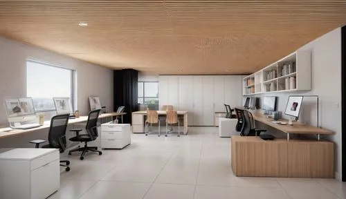 
Minimalist office with wooden furniture, black chairs with chrome touches, 60 x 60 cm porcelain floor and tiled ceiling.,modern office,modern kitchen interior,offices,modern kitchen,creative office,w