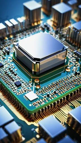 Arm processor, electronic circuit board, microprocessor, central processing unit (CPU), integrated circuit, metal wiring, tiny transistors, motherboard, computer hardware component, futuristic technol