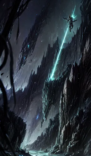 fissure vent,sidonia,dark world,sci fiction illustration,ice planet,chasm,dark-type,fantasy landscape,futuristic landscape,valley of death,descent,fallen giants valley,hall of the fallen,heroic fantas