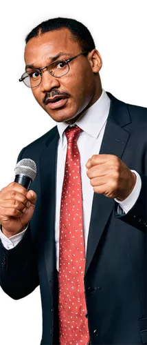 Martin Luther King Jr., African American male, 30s-40s, serious expression, glasses, black hair, mustache, suit, white shirt, tie, podium, microphone, hands grasping podium, passionate speaking, inspi