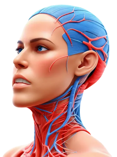 Facial nerve system, detailed illustration, 3D visualization, colorful anatomy, transparent skin, visible muscle fibers, intricate network of nerves, blue and red colors, soft glowing effect, close-up