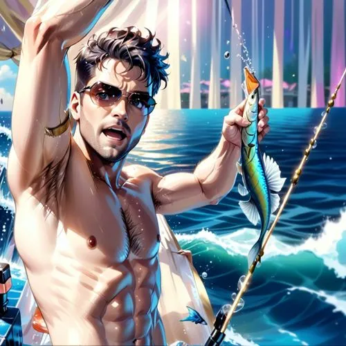 Ricky Martin, shirtless, curtain hair, BEARD, CATCHING FISH, ARMPIT HAIR,a man holding a fish on top of a boat,poseidon,atlantean,hrithik,mermen,god of the sea,sea god,Anime,Anime,General