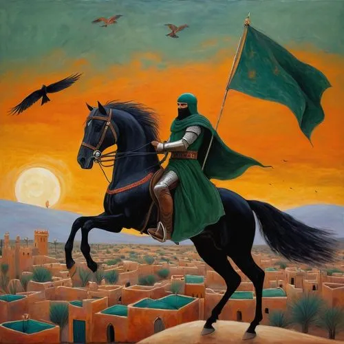 Medieval arabian knight on horse, holding dark green flag, jumps . and many falcons flying in sky. Winter. Morroco town background. Sunset. Desert town,naqshbandi,karbala,hussaini,sahibzada,moharram,s