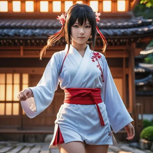 anime character,japanese style,girl,magic,a woman in a white and red outfit is walking in front of a pagoda,yongmei,mai,xiaoyu,yamashiro,iroha,gakki,Photography,General,Realistic