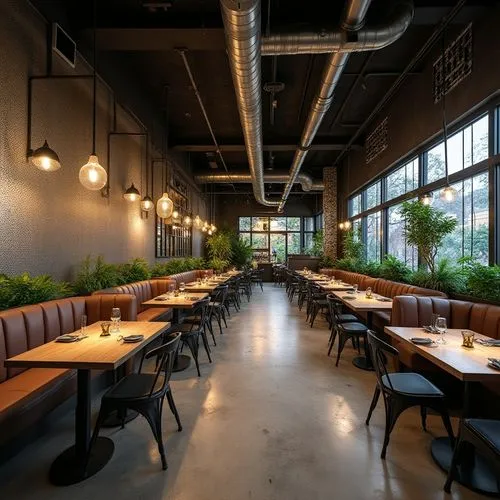 Industrial chic restaurant, modern interior design, perforated metal walls, ceiling, decorative accents, sleek lines, minimalist aesthetic, metallic sheen, subtle lighting, warm ambiance, wooden table