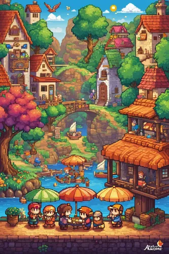 aurora village,popeye village,mushroom island,alpine village,oktoberfest background,fairy village,mountain village,resort town,villagers,knight village,tavern,autumn theme,harvest festival,escher village,gnomes at table,villages,village life,village festival,pixel art,autumn background,Unique,Pixel,Pixel 05