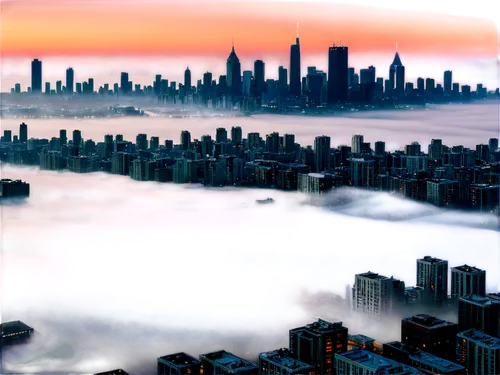 sea of fog,chicago skyline,wave of fog,north american fog,city scape,cityscape,chicago,high fog,skycraper,city skyline,foggy landscape,chicago night,dense fog,australian mist,the fog,fog banks,emission fog,high-rises,above the city,ground fog,Art,Artistic Painting,Artistic Painting 02