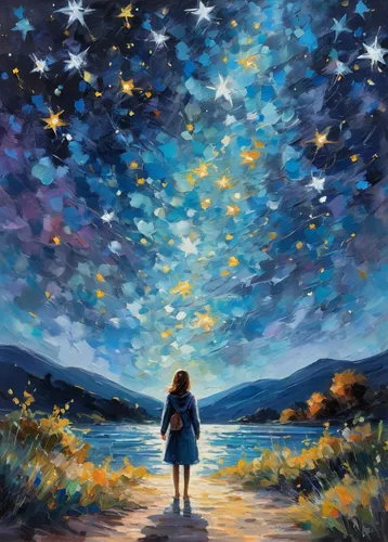 Create a peaceful setting with a character looking up at a clear night sky, filled with twinkling stars.,star sky,starry night,colorful stars,falling stars,starry sky,falling star,the stars,hanging st