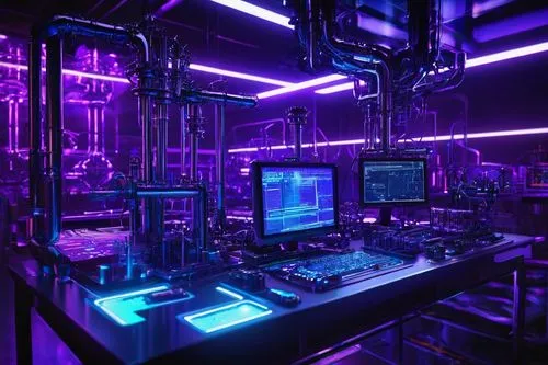 the server room,cyberpunk,computer room,uv,laboratory,computer workstation,ultraviolet,lab,computer art,cyber,aesthetic,computer cluster,techno color,cyclocomputer,fractal design,sci fi surgery room,futuristic,neon ghosts,neon,computer store,Conceptual Art,Oil color,Oil Color 11