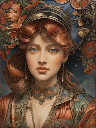 art nouveau,portrait of a girl,fantasy portrait,girl in a wreath,amano,emile vernon,mystical portrait of a girl,rococo,angelica,young girl,art nouveau design,mucha,art nouveau frame,art nouveau frames,gemini,victorian lady,andromeda,vintage girl,venus,cinderella