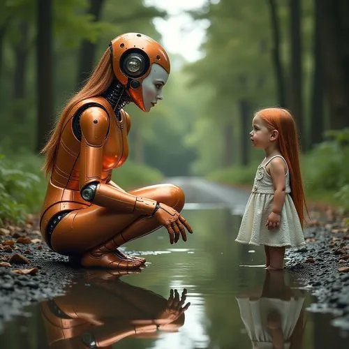 androide femenina metálica con tonos naranjas y  cara blanca maquillada mirandose en un charco de agua en la carretera y viendo como su reflejo a una hermosa chica humana de pelo largo,a  with red hai