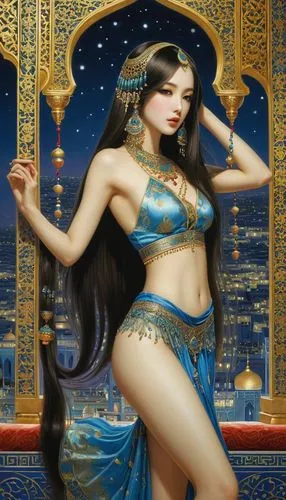 rem in arabian nights,oriental princess,bellydance,persia,oriental girl,sheherazade,Illustration,Realistic Fantasy,Realistic Fantasy 08