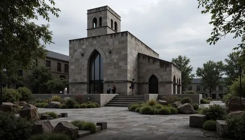 Weathered stone fa\u00e7ade, brutalist church architecture, rugged terrain, overgrown vegetation, moss-covered rocks, sparse trees, dramatic shadows, cold harsh lighting, stark contrast, bold geometri