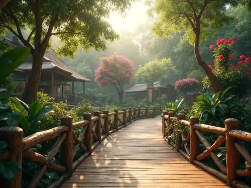 wooden bridge,pathway,walkway,wooden path,forest path,tropical forest,leshan,scenic bridge,hiking path,landscape background,shaoming,vietnam,boardwalks,nature garden,walk in a park,hushan,garden by the bay,tree lined path,arbor,bamboo forest,Photography,General,Realistic