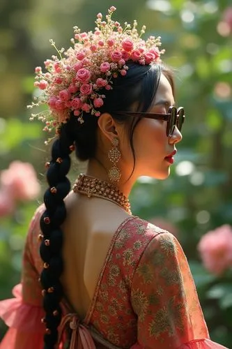 In a surreal and spectacular scene of nature, an elegant Vietnamese lady with khaki hair and a traditional wooden bow stands tall in a tribal ethnic outfit with ethnic pattern, view from behind her ba