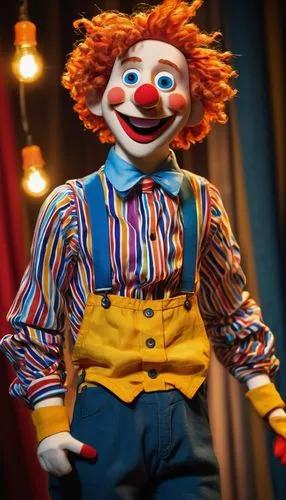 happy smiling puppet, yellow skin, bright blue eyes, red nose, curly orange hair, white gloves, colorful striped shirt, blue suspenders, wooden limbs, jointed fingers, standing, spotlight, stage, curt