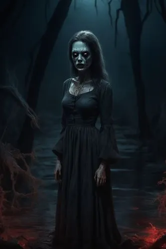 full_body__horror_movie_theme, Artwok style inspired ,orona,llorona,lydia,claudette,oscura,vampire woman,scary woman,dark art,tituba,vampire lady,rusalka,evil woman,the witch,halloween background,leot