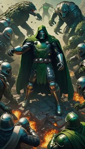  doctor doom fighting surrounded by predators ,a painting of a bunch of knights in various positions,latveria,patrol,annihilus,temur,aaaa,doombot,mughul,avenger hulk hero,vitgeft,thrall,greenmarine,cl