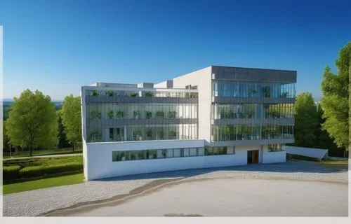 Make the image look realistic with textures, white buildings, green trees, clear blue sky by day, walkable cement textured floor,appartment building,modern building,dessau,biotechnology research insti