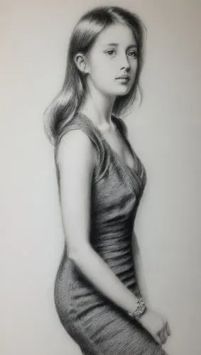 礼服,a pencil drawing of a woman posing for the camera,charcoal drawing,charcoal pencil,graphite,pencil drawing,charcoal,girl drawing,Illustration,Black and White,Black and White 35