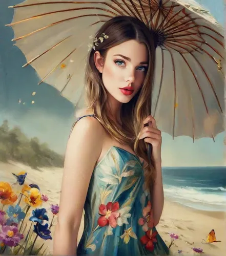 Beautiful girl on the sea beach under an umbrella against the backdrop of sand and sea.,parasol,beautiful girl with flowers,girl in flowers,summer umbrella,fantasy portrait,fantasy art,fashion illustr