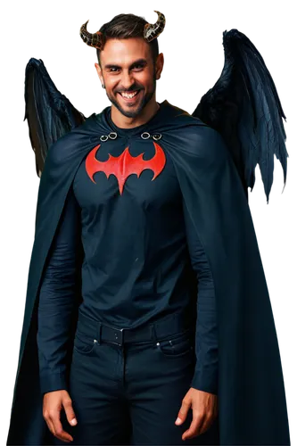 Satan, devil, male, muscular, red skin, horns, pointed ears, goatee, evil smile, black wings, luxurious black cape, golden accessories, hellish flames, dark background, low-key lighting, dramatic comp