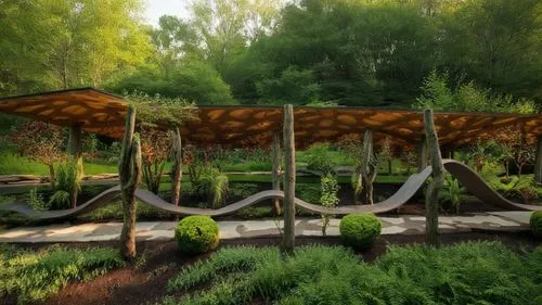 an open air pavilion made of wood and concrete surrounded by grass, shrubs and a few bushes,biopiracy,arbour,trusses of torch lilies,landscape design sydney,jardin,nature garden,Photography,Documentar