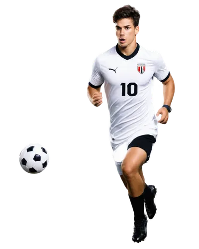 Muscular man, football player, athletic body, sweaty face, messy short hair, determined expression, wear number 10 jersey, white shorts, black cleats, holding ball, running pose, dynamic movement, sta