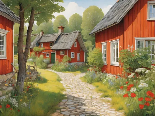 cottages,scandinavia,summer cottage,cottage garden,cottage,danish house,home landscape,country cottage,wooden houses,scandinavian style,houses clipart,scandinavian,red barn,norway,alpine village,countryside,little house,red roof,farmhouse,the garden society of gothenburg,Conceptual Art,Oil color,Oil Color 17