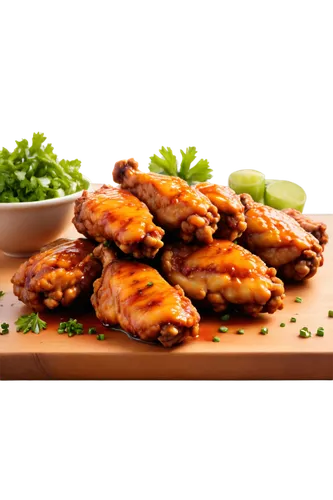 Spicy hot wings, close-up, golden brown crispy skin, saucy dripping, steam rising, tender meat, fresh parsley garnish, wooden table, warm lighting, shallow depth of field, appetizing composition, savo