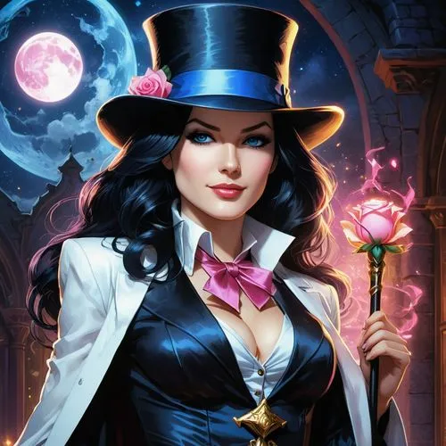 zatanna,zatara,magicienne,witch's hat icon,ashe,helsing,caitlyn,lorelai,hatter,elvira,sorceress,vampire woman,victorian lady,vampire lady,jarlaxle,ringleader,magician,esmeralda,rasputina,halloween witch,Illustration,Realistic Fantasy,Realistic Fantasy 25