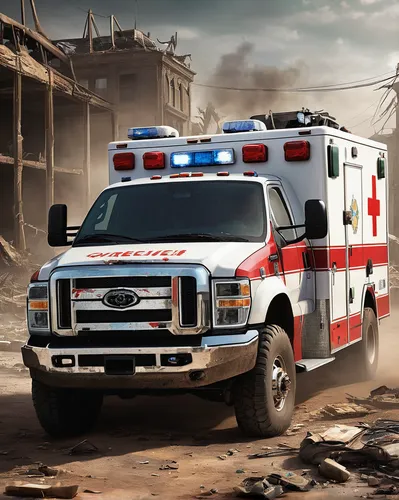 Imagine a post-apocalyptic world where an emergency ambulance serves as the last hope for survivors, racing against time and danger to save wounded individuals.,emergency ambulance,emergency vehicle,a