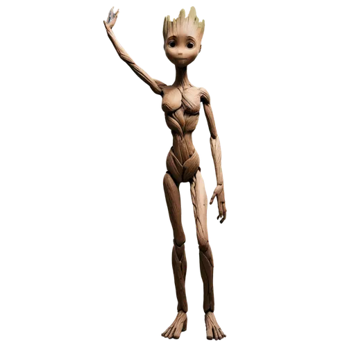 Groot, tree-like humanoid, slender branches arms, fingers like twigs, big round eyes, gentle smile, bark-like skin, wooden texture, standing pose, one leg bent, nature-inspired, warm lighting, shallow