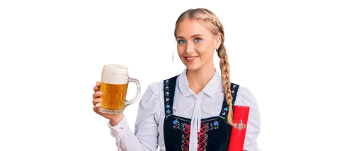 Oktoberfest girl, Bavarian costume, blonde braids, bright blue eyes, rosy cheeks, white blouse, dirndl dress, apron, beer stein holding, festive atmosphere, warm lighting, shallow depth of field, soft