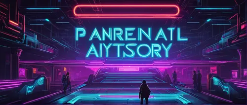 Create a neon-lit parental advisory logo for a futuristic cyberpunk game.,retro background,abstract retro,neon arrows,parallel,neon sign,anomaly,retro styled,80's design,artificial,aesthetic,retro,vhs