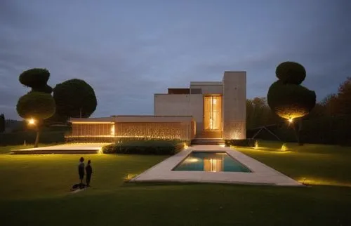 glass concrete bricks terraces trees garden pool summer sunlight spotlight bright nightview,landscape lighting,corten steel,house silhouette,dunes house,modern architecture,garden sculpture,landscape 