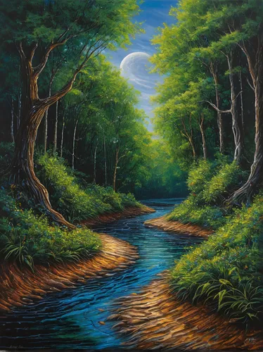 Terry Evans, Original oil painting on canvas, Around the Bend Click to enlarge,forest landscape,oil painting on canvas,riparian forest,brook landscape,river landscape,flowing creek,forest background,o