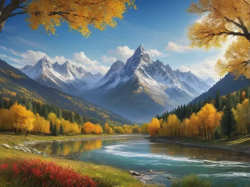 autumn mountains,autumn landscape,fall landscape,landscape background,mountain landscape,autumn background,mountain scene,mountainous landscape,autumn scenery,fantasy landscape,salt meadow landscape,river landscape,landscape mountains alps,beautiful landscape,nature landscape,autumn idyll,mountain meadow,world digital painting,meadow landscape,mountain range,Art,Classical Oil Painting,Classical Oil Painting 18