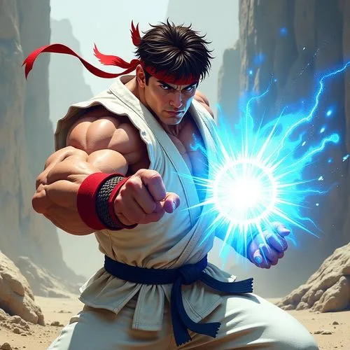 Ryu from Street Fighter is depicted launching a powerful Hadoken directly towards the camera. His stance is dynamic and focused, with his muscular arms extended forward. He is wearing his signature re