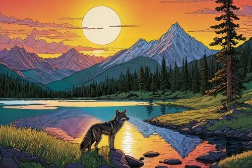 mountain sunrise,howling wolf,alaska,whitehorse,kenai,yukon territory,wolves,west canada,two wolves,boreal,moraine,aleu,huskic,graywolf,wolfstone,alaskey,tycho,moonrise,fantasy picture,kananaskis,Illustration,American Style,American Style 03