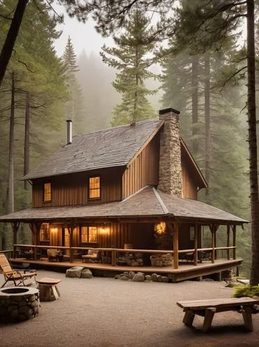 Rustic cabin, wooden structure, sloping roof, chimney, stone foundation, surrounded by tall trees, forest environment, warm lighting, cozy atmosphere, wooden deck, outdoor furniture, nature-inspired d