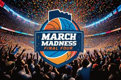 March Madness Final Four logo, basketball tournament, colorful vibrant design, bold typography, NCAA theme, stadium atmosphere, crowded cheering audience, spotlight shining down, confetti falling, cha