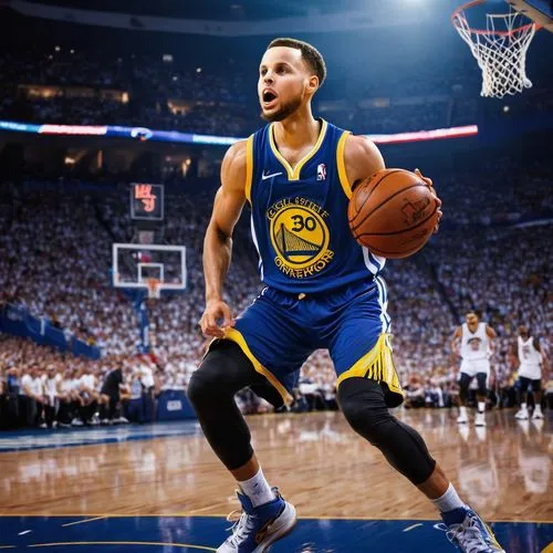 Stephen Curry, NBA player, athletic build, determined facial expression, intense eyes, slight smile, short beard, curly hair, sweat droplets on forehead, white basketball jersey, blue shorts, sneakers