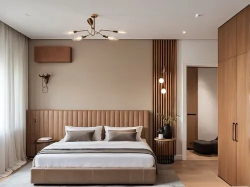 cozy bedroom, in warm beige brown tones. the wall at the head of the bed is highlighted with an accent brown color. Black conditioner.
Coffee brown bed.
The floor is light gray wood.
bright lighting.
