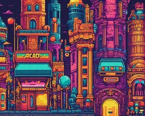 colorful city,retro background,fantasy city,metropolis,abstract retro,retro styled,80's design,microdistrict,tokyo city,cybercity,cityscape,cybertown,arcade,4k wallpaper 1920x1080,zocalo,cities,neon coffee,reno,cyberpunk,areopolis,Unique,Pixel,Pixel 04